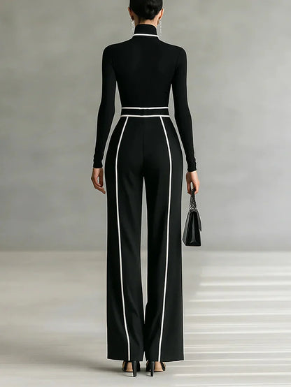 Completo 2 pezzi elegante con pantalone palazzo, cinta e top a collo alto!