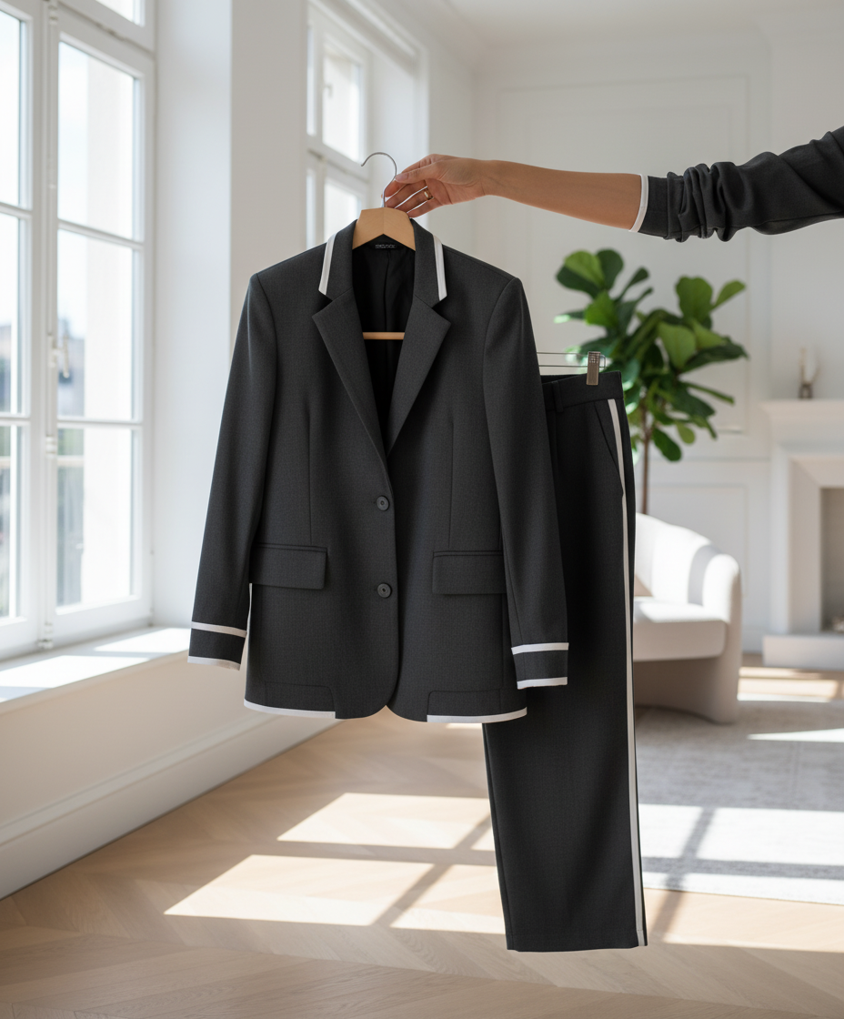 Set audace con blazer sportivo e pantaloni larghi con tasche